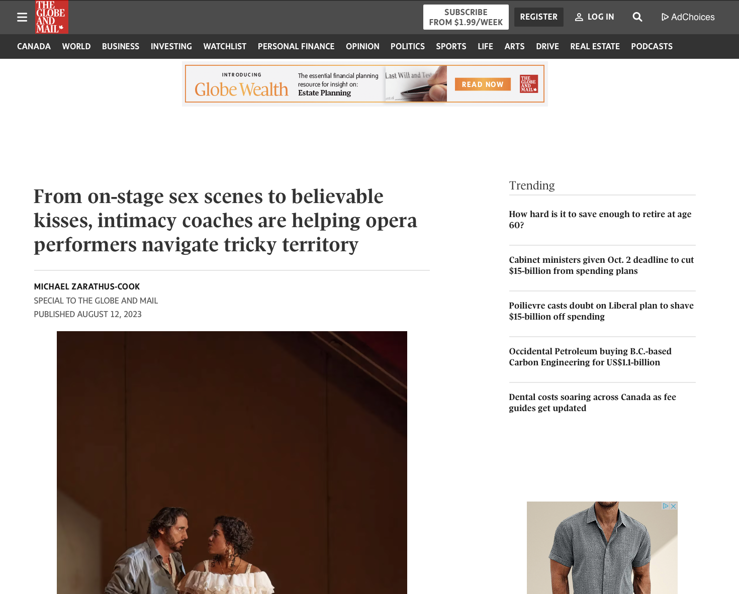 Article on intimacy coordinators in opera by Michael Zarathus-Cook  published in the Globe and Mail, featuring interview with Nina  Scott-Stoddart of HSOF – Halifax Summer Opera Festival